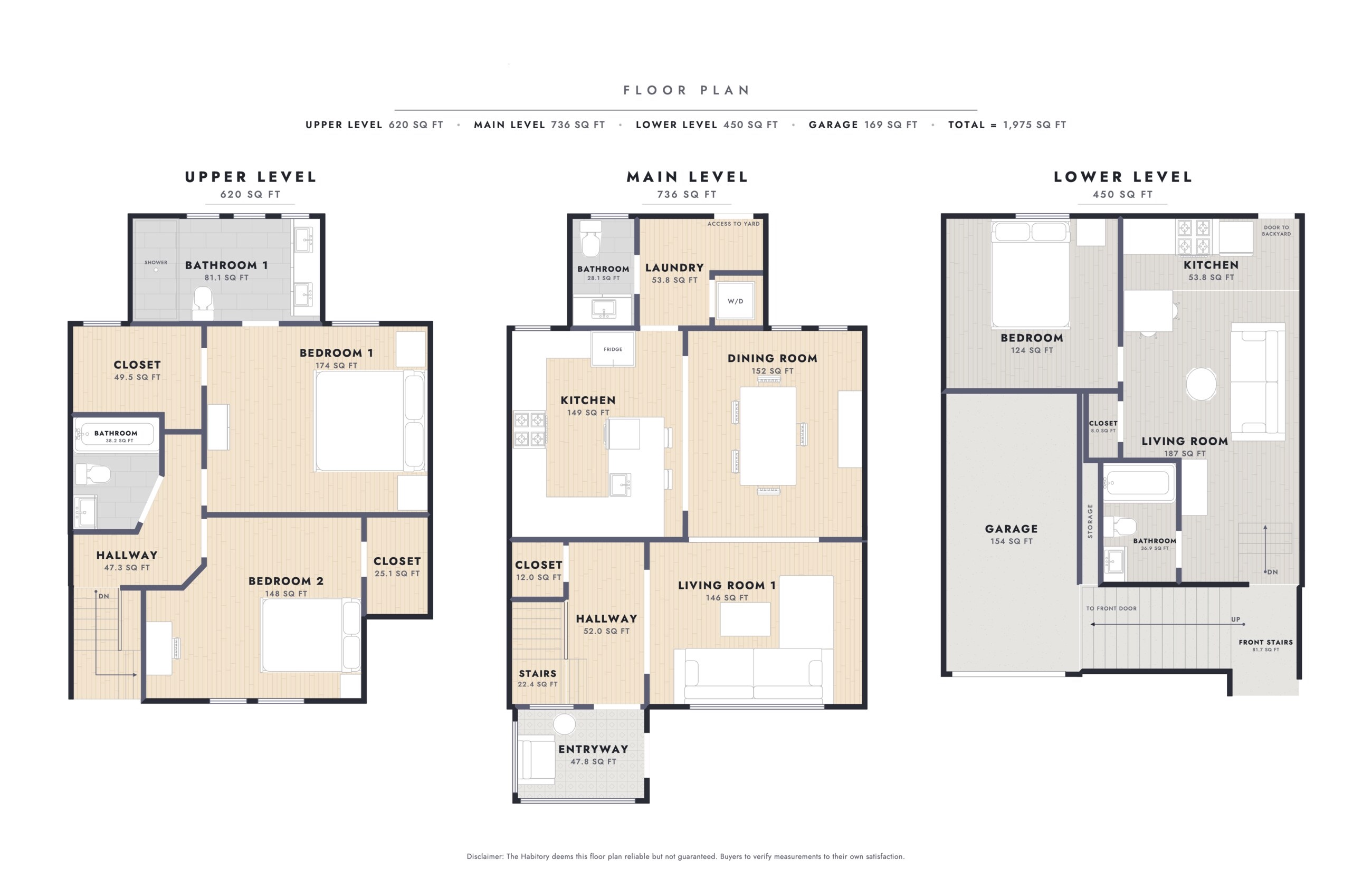 Three-level as-built floor plan with room names and square footage