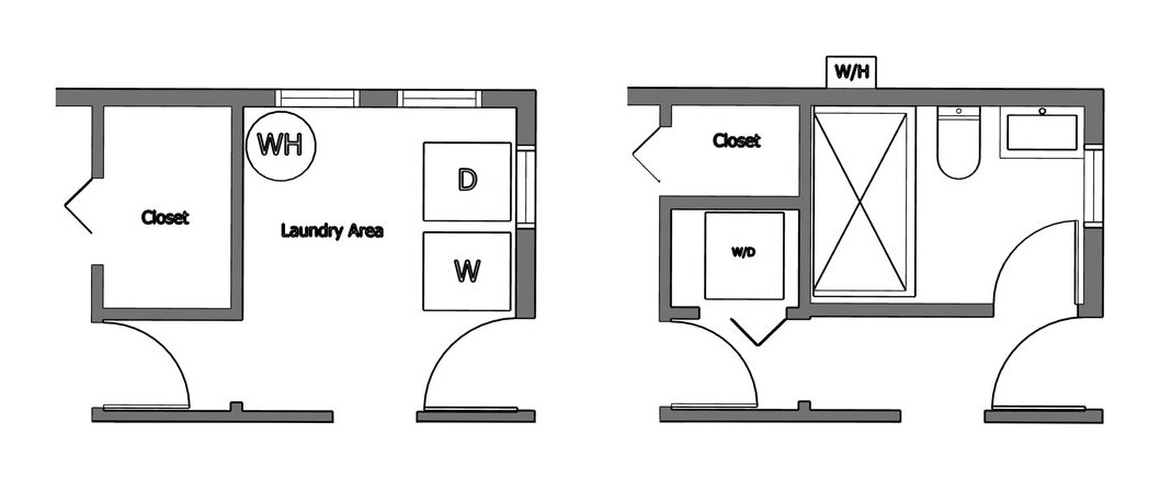 Existing laundry room plan beside the proposed plan with a new bathroom